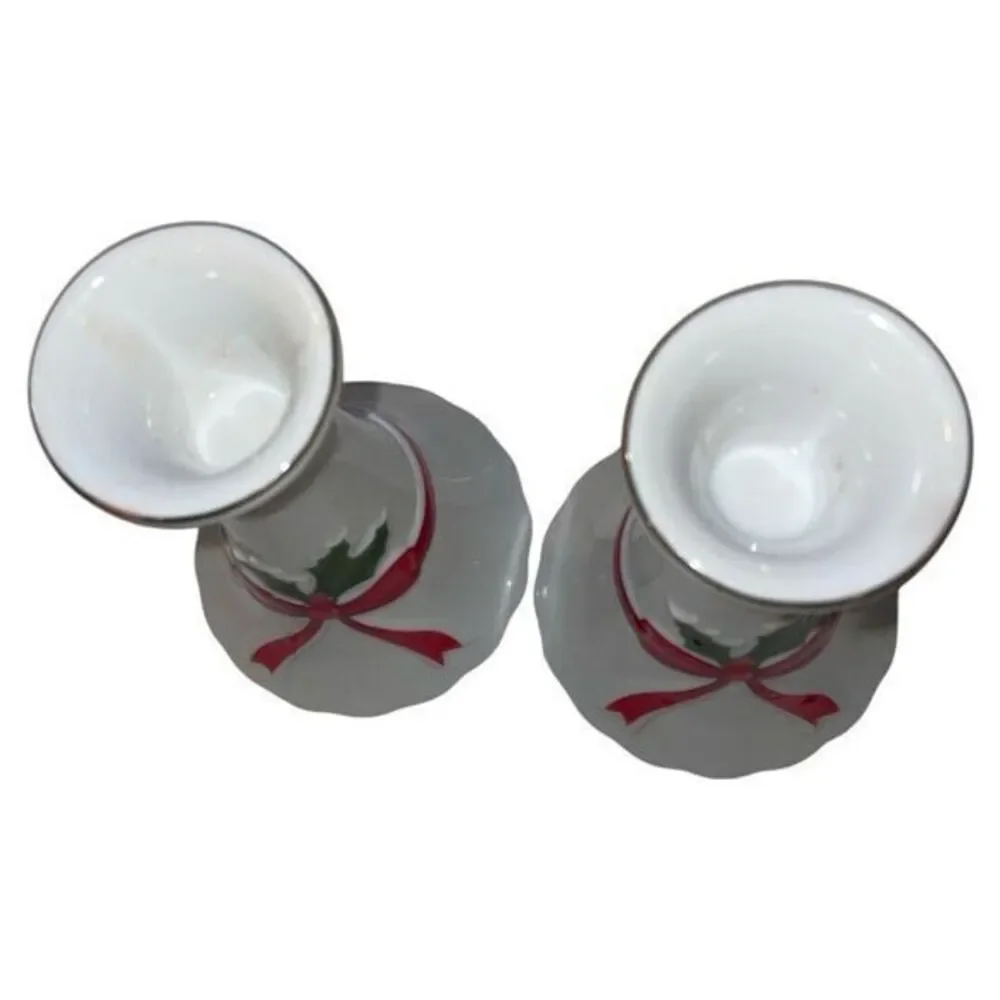 Mount Clemens Vtg Porcelain Christmas Candle Holders Pair‎ Ribbon Holly Japan